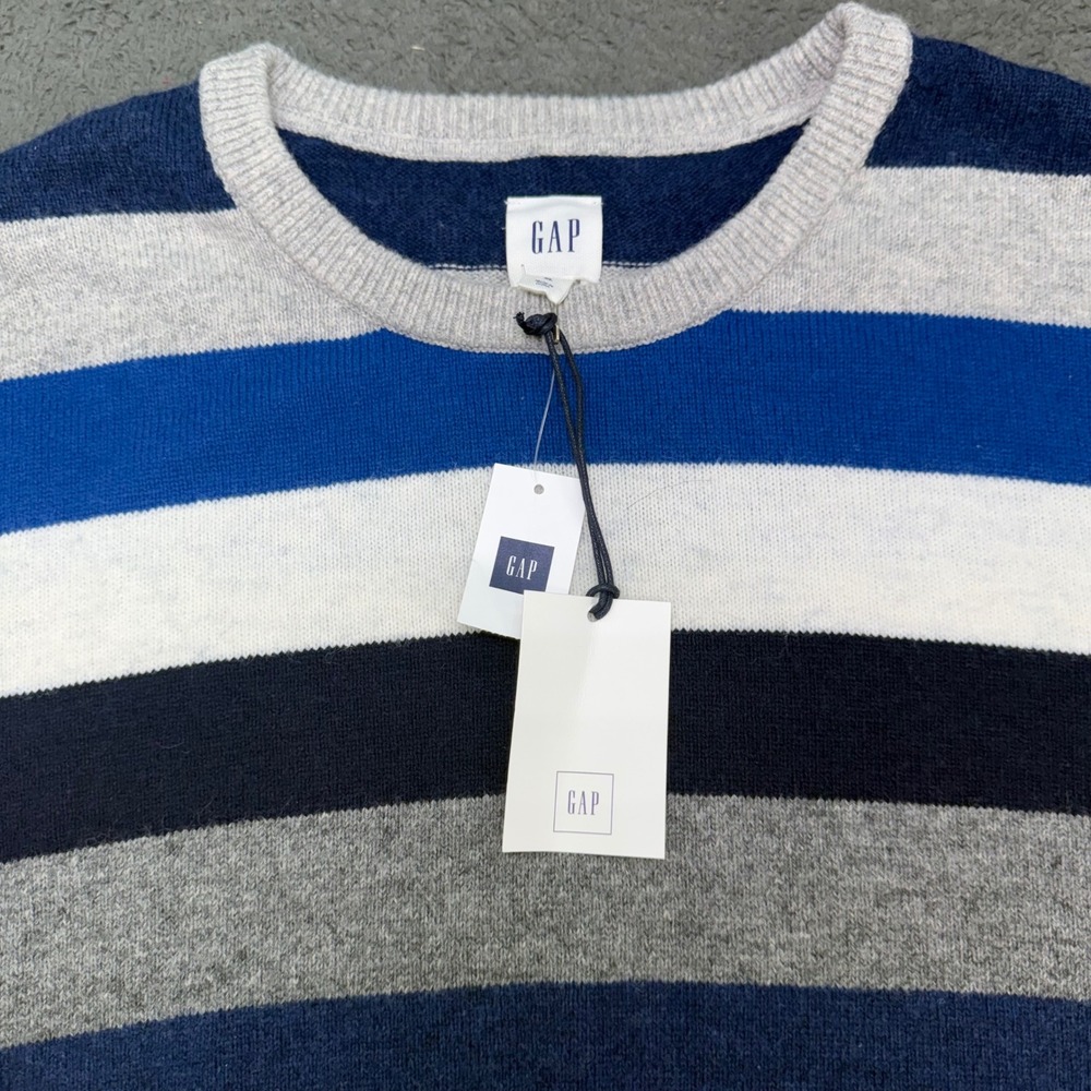 GAP Sweater Mens XL Blue Striped Merino Wool Blend Crew Neck Softness Matters